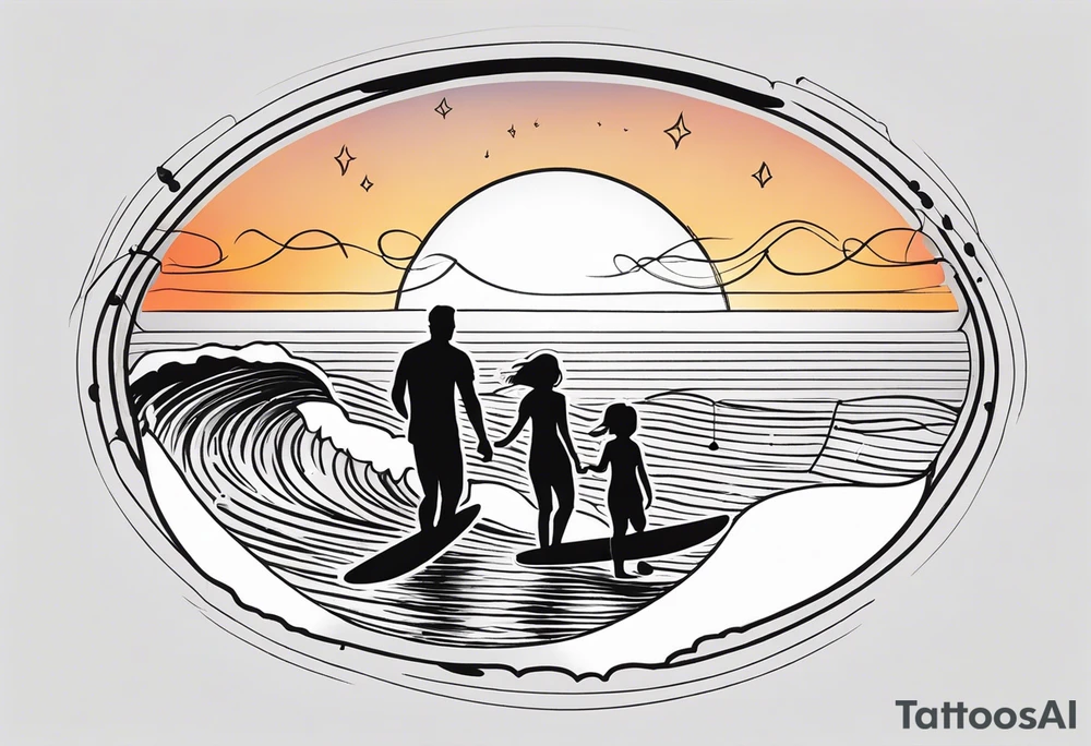 Black and white minimalist Line work tattoo depicting a father surfing with his two daughters.  The sunset and horizon have musical notes. tattoo idea
