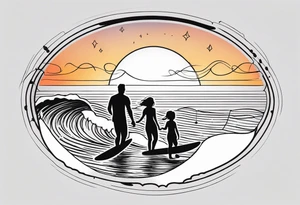 Black and white minimalist Line work tattoo depicting a father surfing with his two daughters.  The sunset and horizon have musical notes. tattoo idea