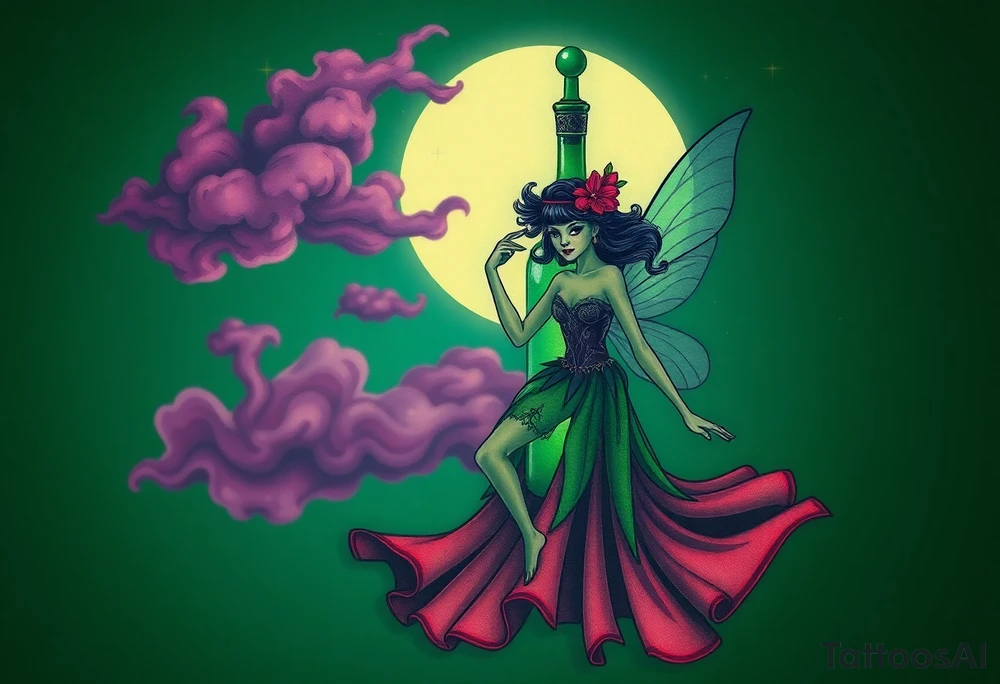 Tim Burton’s pin up style Vintage Parisian elegant and hauntingly beautiful yet eerie full body absinthe Green Fairy dances outside her victorian crystal decatur absinthe bottle Absinthe Art Nouveau   and dripping with muted reds, dusty pinks, and eerie green glow.purple and cyan smokey clouds swirl in the crescent moonlit sky thats sprinkled with stars tattoo idea