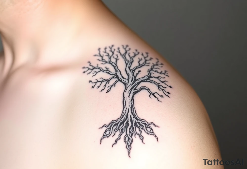 mystical tree of life with cosmic roots and celestial branches tattoo idea