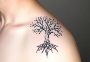 mystical tree of life with cosmic roots and celestial branches tattoo idea