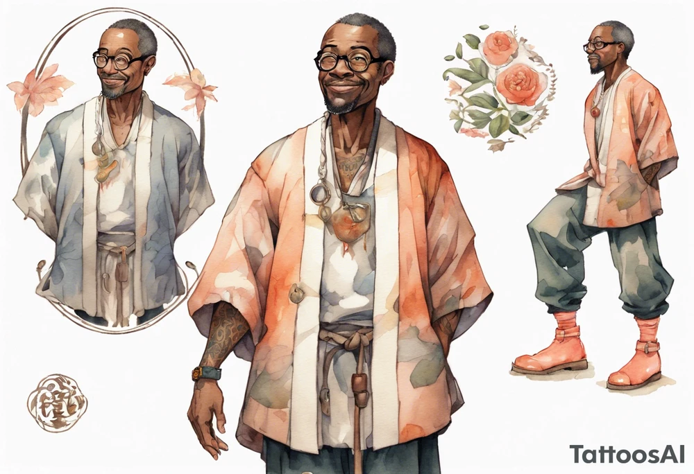 a middle-aged medieval black man wearing round glasses, wearing tunic, wearing salmon boots tattoo idea