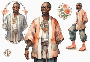 a middle-aged medieval black man wearing round glasses, wearing tunic, wearing salmon boots tattoo idea