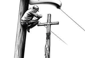 power lineman climbing a wooden 12kv pole. Make the pole a cross that has a hidden resemblance to god. tattoo idea