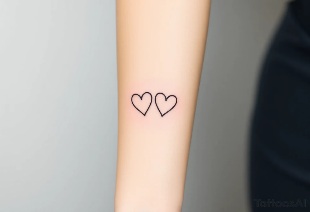 A minimalist infinity symbol with two tiny hearts on each loop, rendered in a thin, black ink for a subtle, timeless look tattoo idea
