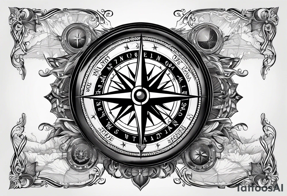 Nautical compass with New Zealand map outline behind it and southern cross tattoo idea