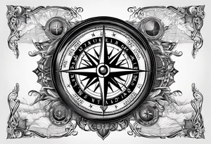 Nautical compass with New Zealand map outline behind it and southern cross tattoo idea