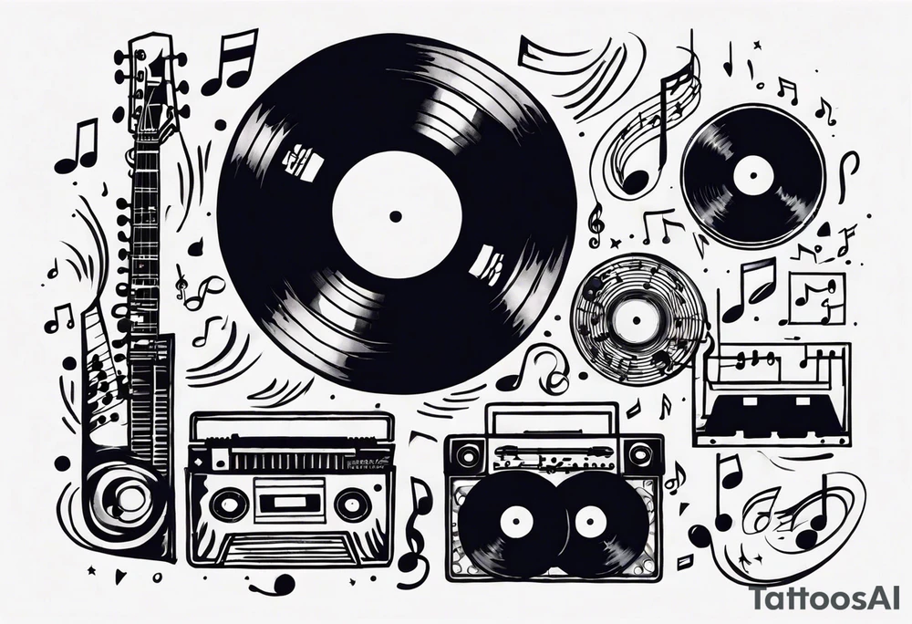 music notes surrounded by a record, a cassette tape, and saxophone parts tattoo idea