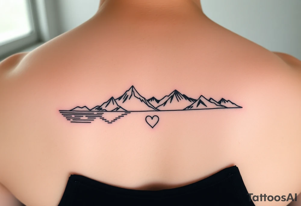 Small and simplistic couples tattoos including water, mountains and hearts tattoo idea