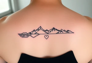 Small and simplistic couples tattoos including water, mountains and hearts tattoo idea