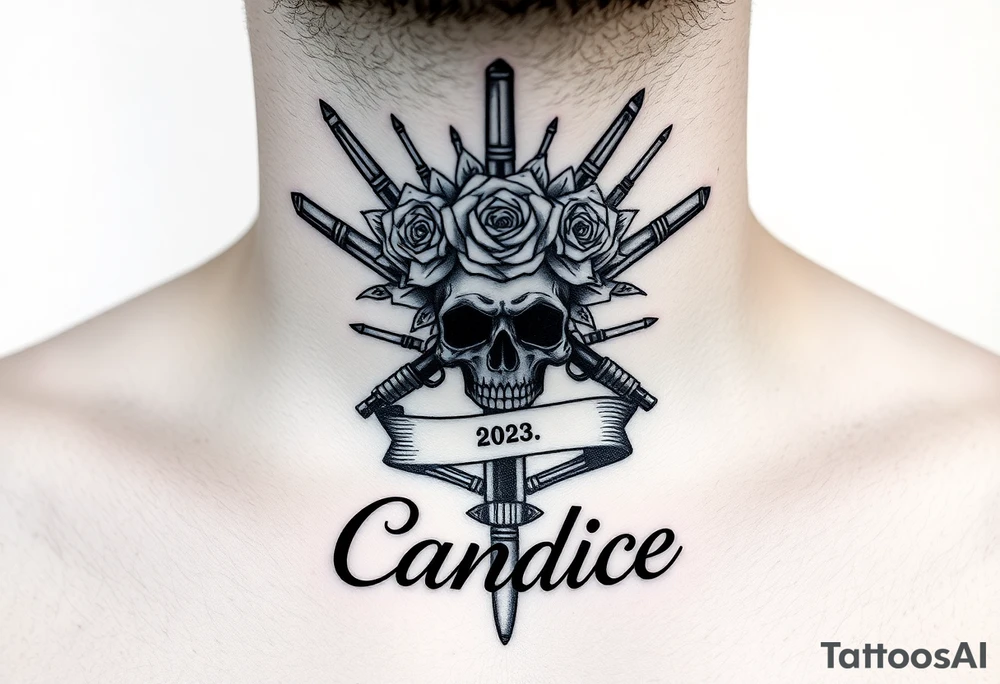 Throat piece hustler bouquet work skulls guns and the name Candice tattoo idea
