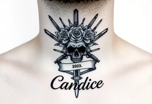 Throat piece hustler bouquet work skulls guns and the name Candice tattoo idea