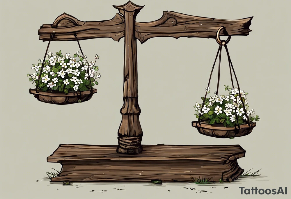 I need you to draw me a old libra scale out of tattered wood. The ends of the cross of wood need to be  broken. I need the bottom to look tattered possible cracks and holes  in wood of scale. Them I need vines with little white flowers here and there wrapped all the way up the scale and I want the two weights of the scale to be wooden as well. They also need to look tattered. The weights need to be fastened on by the vines. I need to make it look like the ends of the vines on both scales is just loosely. I need to incorporate pieces koi fish in beautiful blues greens, and pinks.The fish need to be one on each scale balancing the scale and the tail of the left on, pointing down. the beautiful fish tail fins needs to be covering part of the tattered piece and the fish on the rights tail will be facing unpard with the fin of beauty starting to court the same pic tattoo idea