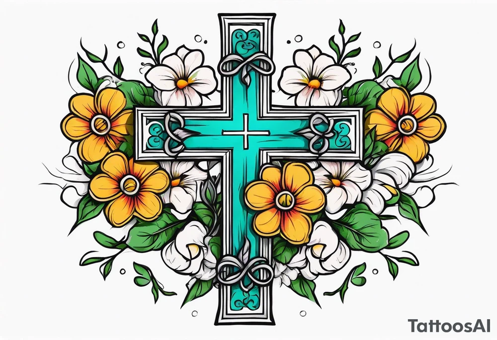 plain cross surrounded 
 with flowers and twisted around cross
 colorful tattoo idea