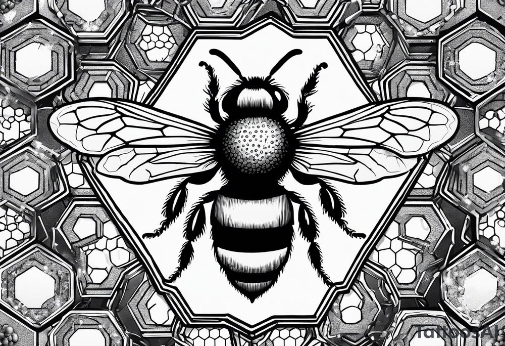 Bee surrounded by honeycombs but the honeycombs are made up of molecules like dopamine and serotonin and oxytocin tattoo idea