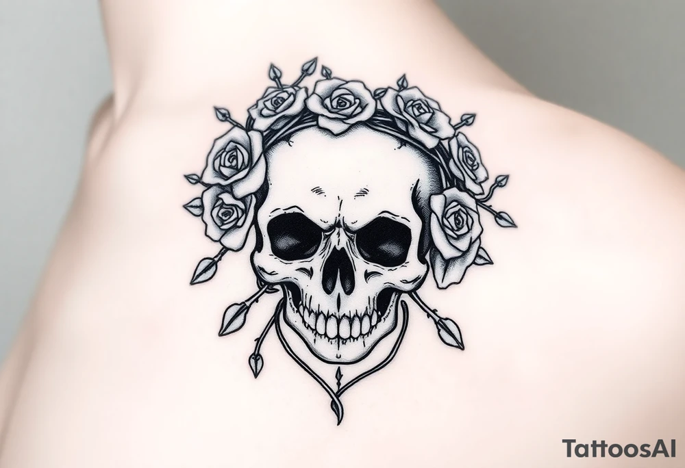 ornate skull adorned with crown of wild roses and thorns tattoo idea