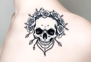 ornate skull adorned with crown of wild roses and thorns tattoo idea