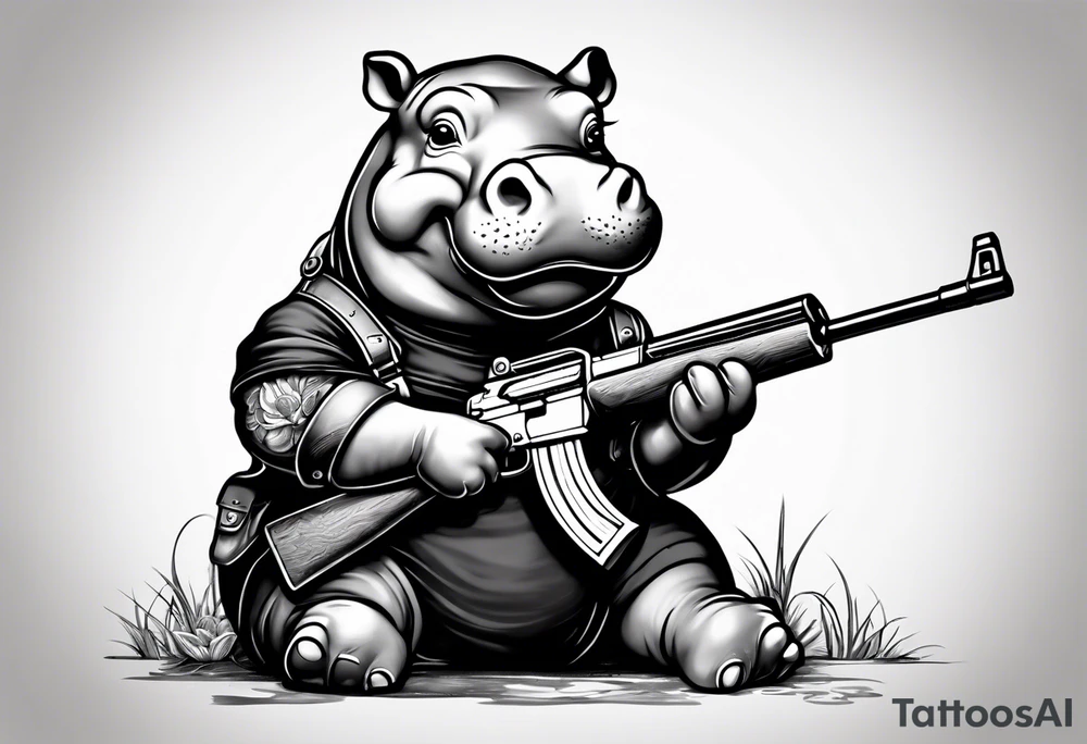 Baby hippo wearing overalls and holding a shotgun tattoo idea