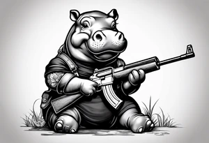 Baby hippo wearing overalls and holding a shotgun tattoo idea