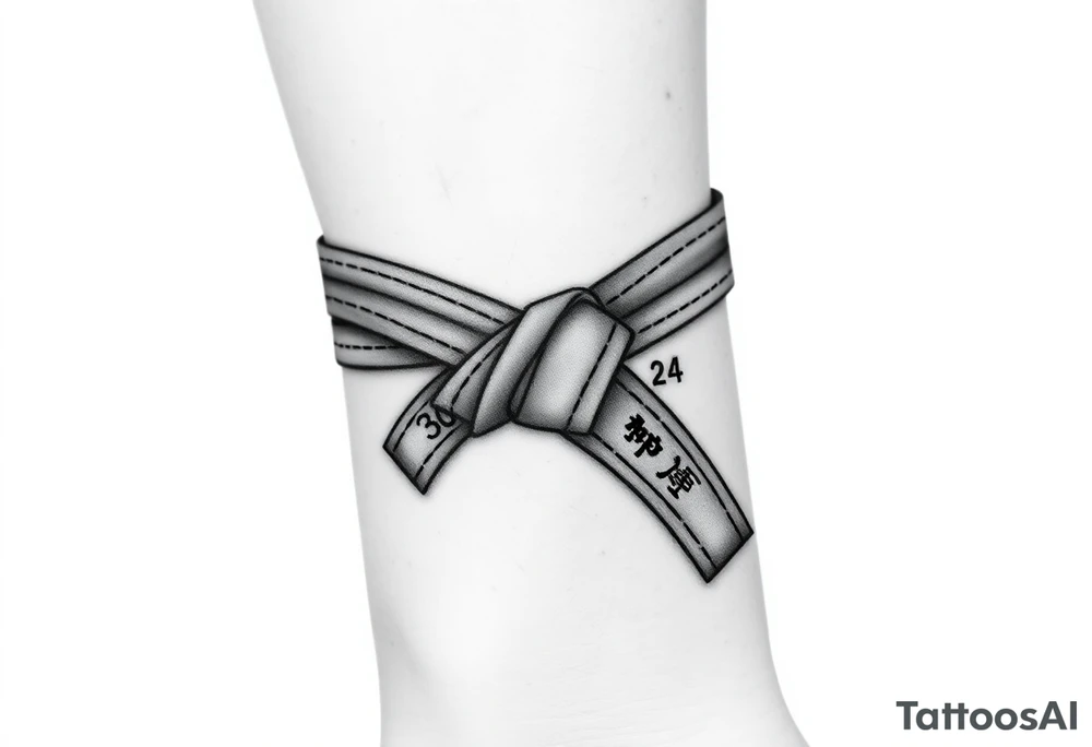 A realistic black and gray tattoo of a Brazilian Jiu-Jitsu black belt wrapping around the wrist like a bracelet. The belt is tied in a knot with one end showing the number 30 and the other showing 24. On the flat end of the belt, two Japanese kanji characters are inked in white: 成長 (growth) and 忍耐 (perseverance). The belt has subtle stitch marks and worn, textured shading for a slightly distressed, authentic look. tattoo idea