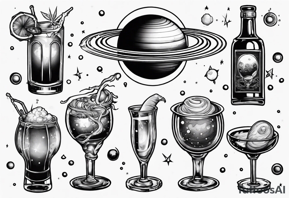 saturn with rings but its a glass of alcohol tattoo idea