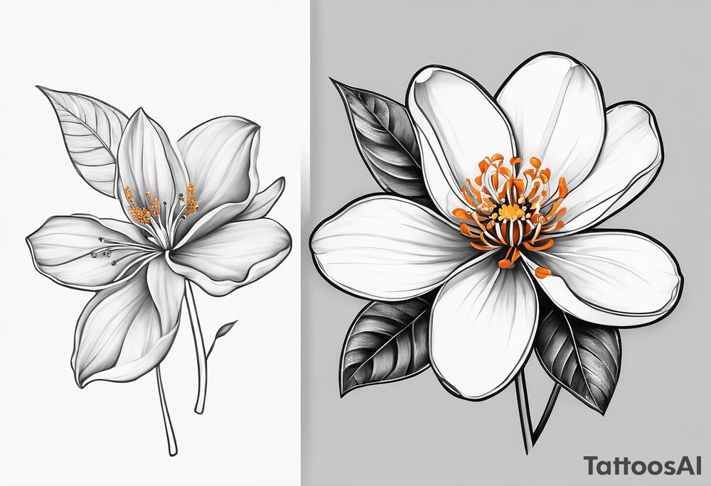 A single orange blossom next to a single orange slice. Simple line art tattoo idea