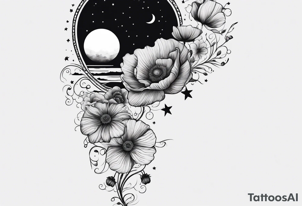spine tattoo with stars, moon, clouds, poppy tattoo idea