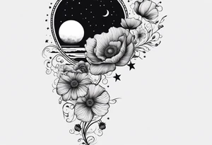 spine tattoo with stars, moon, clouds, poppy tattoo idea