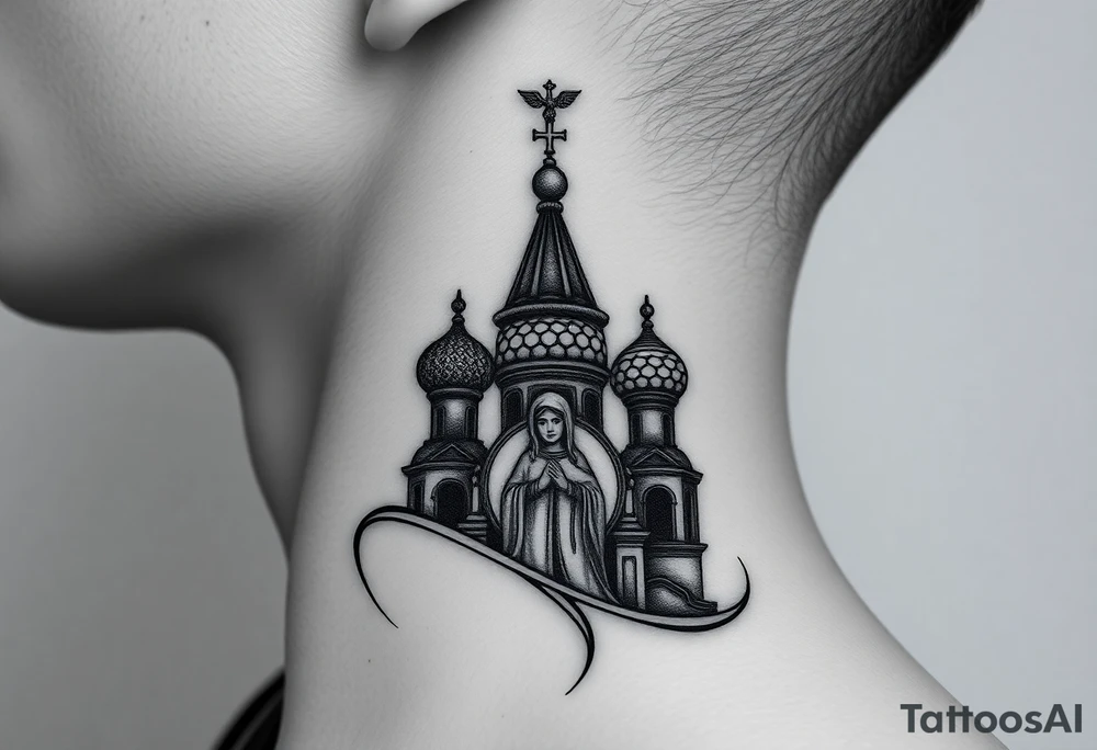 Flowing Scene

A onion domes orthodox church
Virgin Mary in prayer pose wrapping around the lower neck curve
A small double headed russian coat of arms eagle or just the star tucked above the dome near the hairline tattoo idea