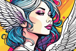 comic book style art, girl angel side profile, with wings, with floating halo, anime style tattoo idea