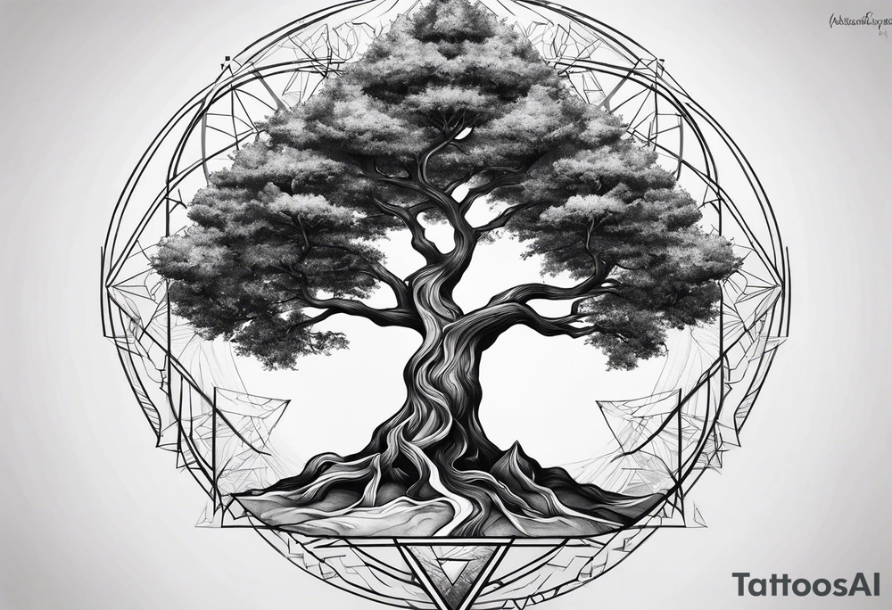 Yggdrasil tree with 3 minimalistic triangles tattoo idea