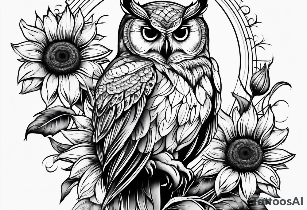 Black and white owl with sunflowers leg sleeve tattoo idea