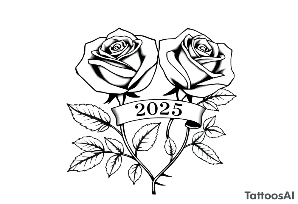 two beautiful large rose buds, one larger than the other, with many leaves next to the rose buds, with one sitting higher than the other. Include a banner connecting the two roses with the year 2025 on it.   Use dark outlines with little shading. The two stems should be short, not long, and connect and join into one stem, whimsically curved or twisted - not straight down. tattoo idea
