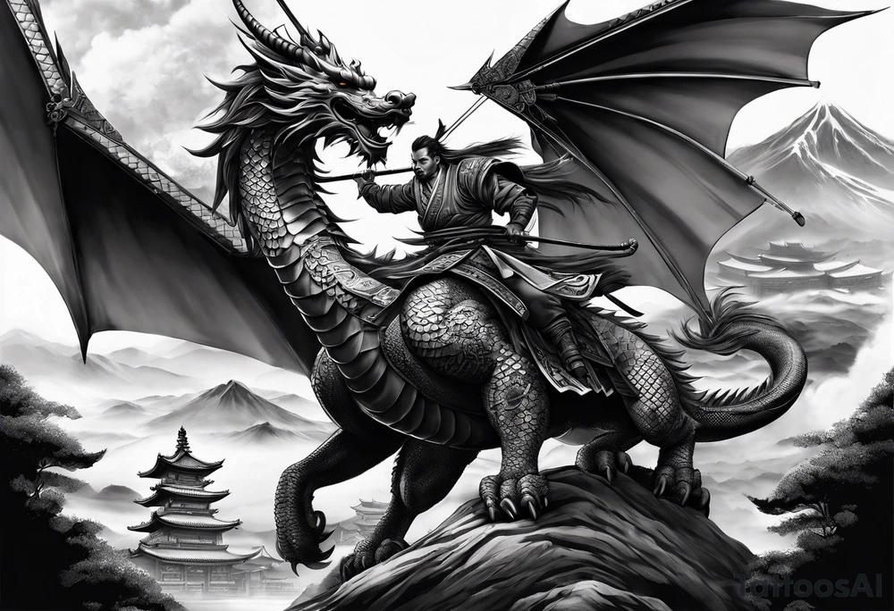 Dragón and samurai in zen circule, tori gate tattoo idea