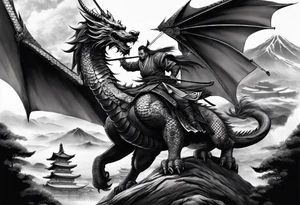 Dragón and samurai in zen circule, tori gate tattoo idea