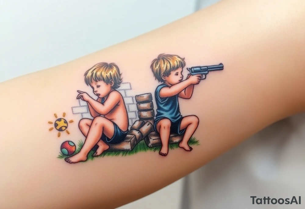 Due bambini, in stile realistico, colorato, seduti sull'erba, divisi da un muro di mattoni, uno piange mentre gioca con la palla, l'altro ride mentre si spara in bocca con la pistola dentro la bocca tattoo idea