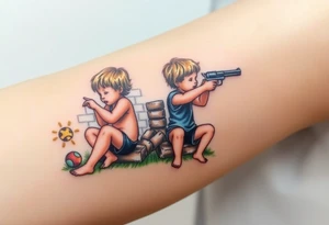 Due bambini, in stile realistico, colorato, seduti sull'erba, divisi da un muro di mattoni, uno piange mentre gioca con la palla, l'altro ride mentre si spara in bocca con la pistola dentro la bocca tattoo idea
