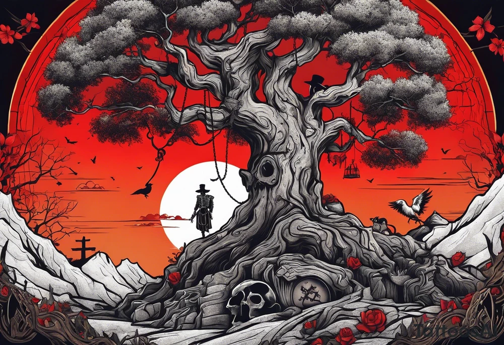 An ancient tree with a skeleton hanging on it. A joker and a skeleton in armor are chained near the tree. A red sun shines above the tree, and skeletons of birds fly tattoo idea