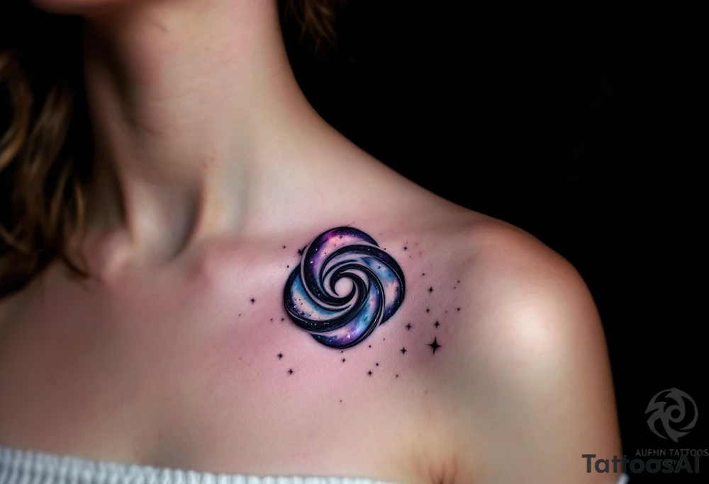 A cosmic-themed triskelion with a starry nebula effect, blending purples, blues, and blacks with scattered white stars. The spirals can mimic the shape of galaxies, embodying the vastness of the universe and infinite possibilities. tattoo idea