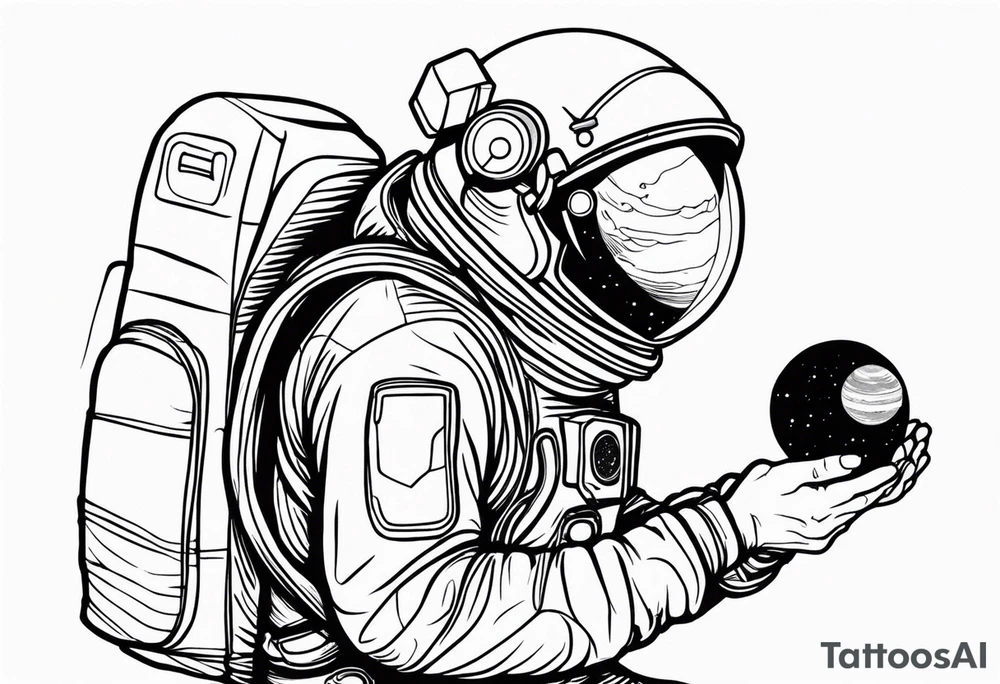 an astronaut hunched over in space from the back holding a planet in his hands tattoo idea