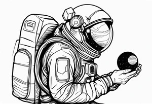 an astronaut hunched over in space from the back holding a planet in his hands tattoo idea