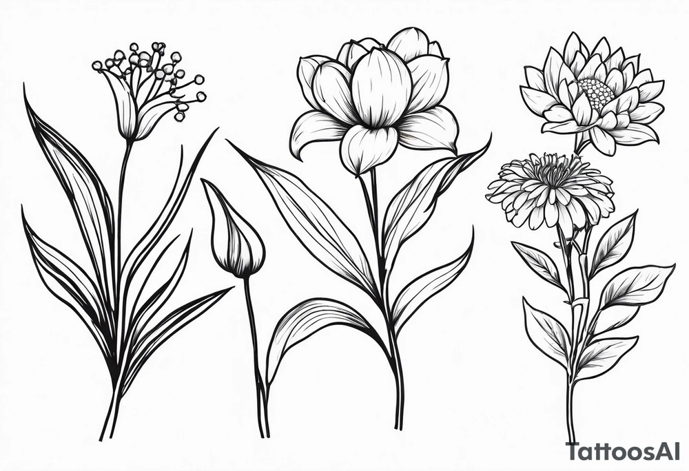 4 flowers. Lily of the valley. Marigold, chrysanthemum, and lily tattoo idea