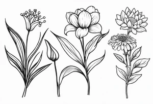 4 flowers. Lily of the valley. Marigold, chrysanthemum, and lily tattoo idea