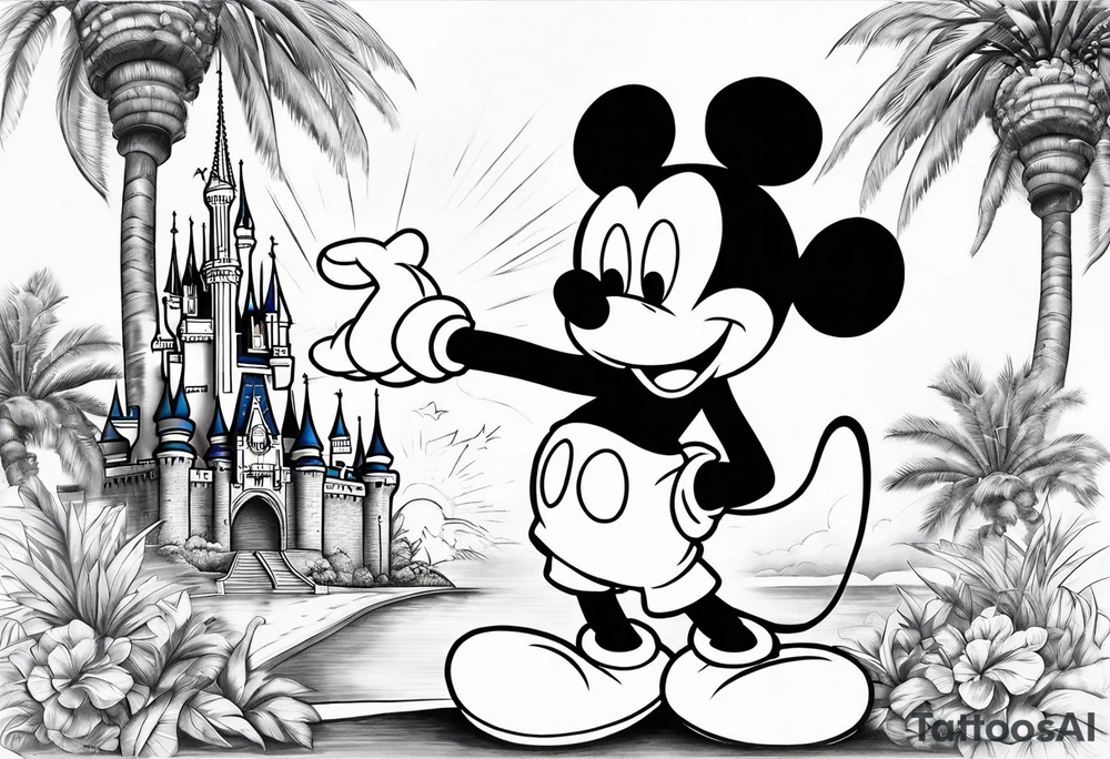 mickey mouse holding lightning with palm trees doing martial arts at the disney castle tattoo idea