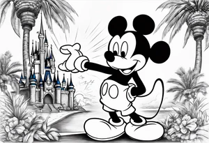 mickey mouse holding lightning with palm trees doing martial arts at the disney castle tattoo idea