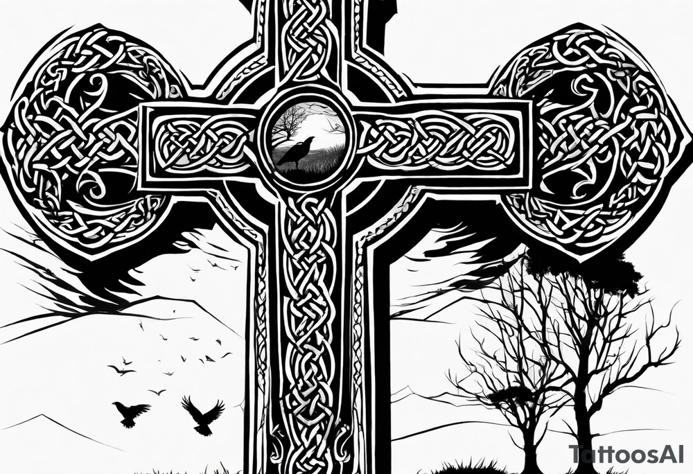 A stone Celtic cross, standing alone in a field, with a raven perched on the arm of the cross tattoo idea