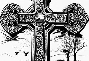 A stone Celtic cross, standing alone in a field, with a raven perched on the arm of the cross tattoo idea