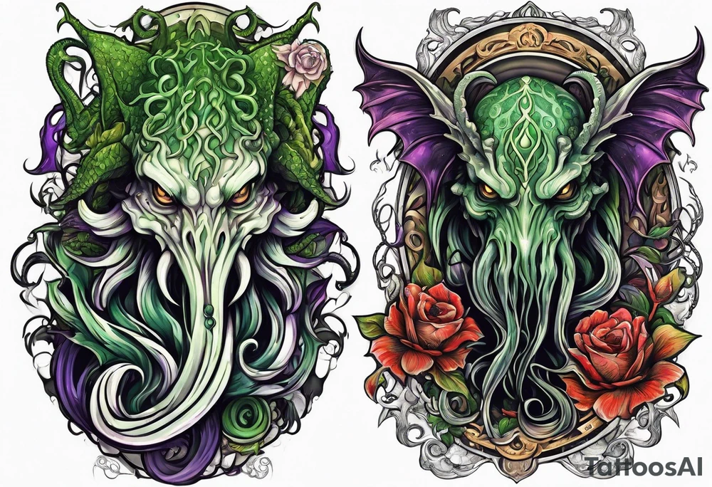 Cthulhu arm sleeve with other eldritch beasts tattoo idea