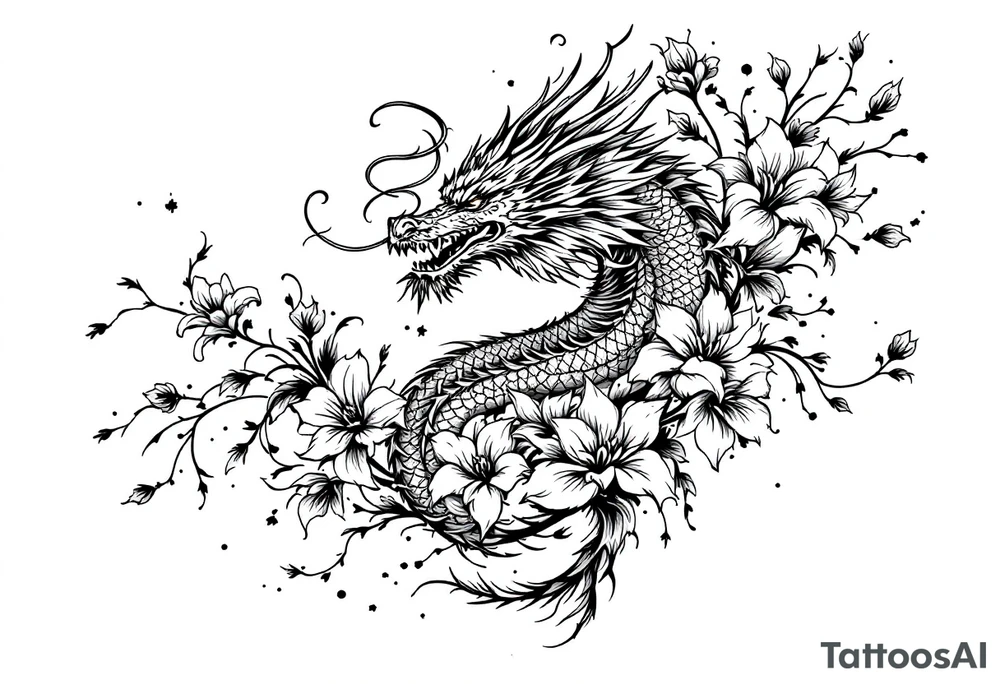 un dragon central entouré de fleurs de lys tattoo idea