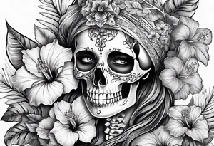 femmale skeleton with hibiscus tattoo idea